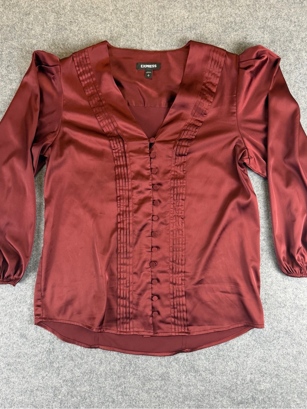 Express Women’s Burgundy Red Pleated Button V‑Neck Balloon Sleeve Blouse Size S